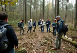 Volunteers and law enforcement searching in the woods for a missing teen
