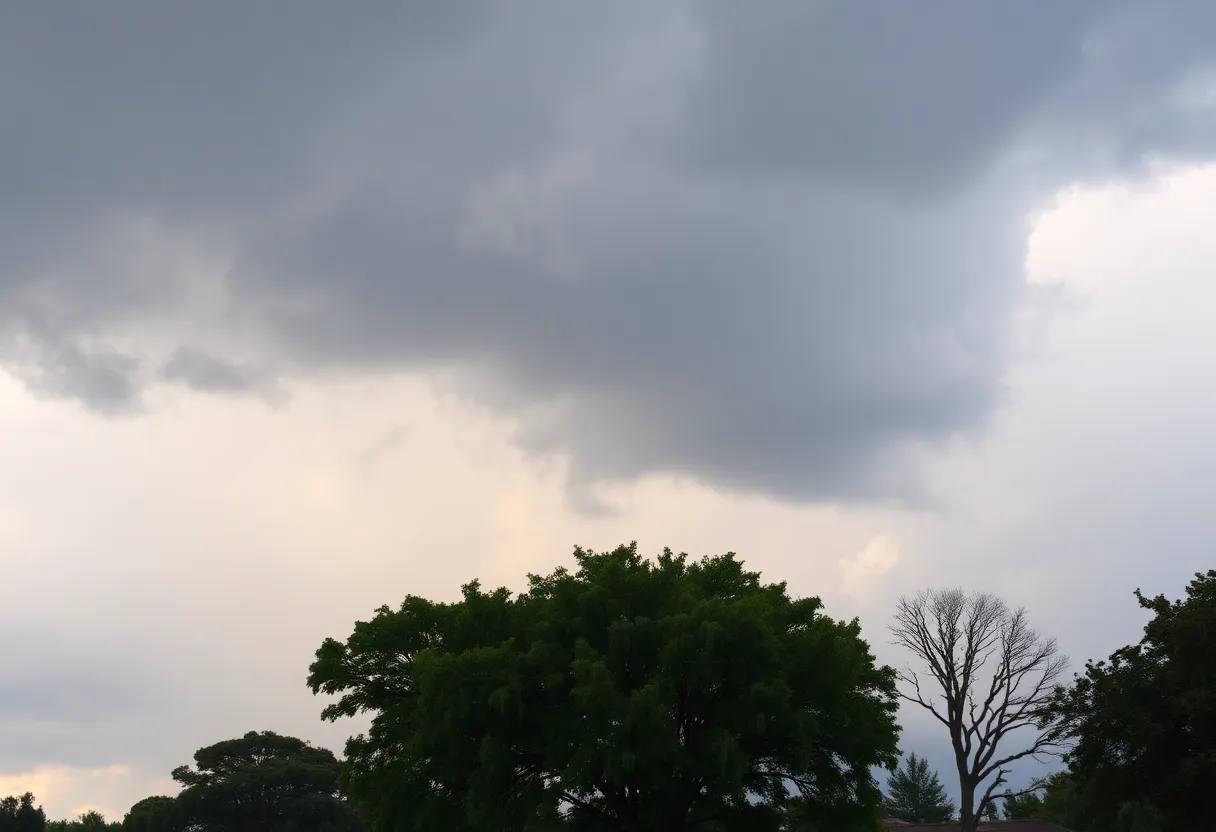 A dark stormy sky over Lexington, Kentucky with strong winds and rain.