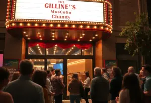 Theatergoers outside the Kentucky Center for the Performing Arts discussing the upcoming Shucked musical.