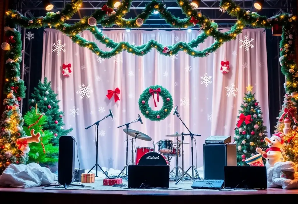 Stage set for Dolly Parton's Smoky Mountain Christmas Carol with winter decorations
