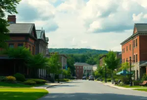 Cinematic landscape of Somerset, Kentucky with historical buildings.