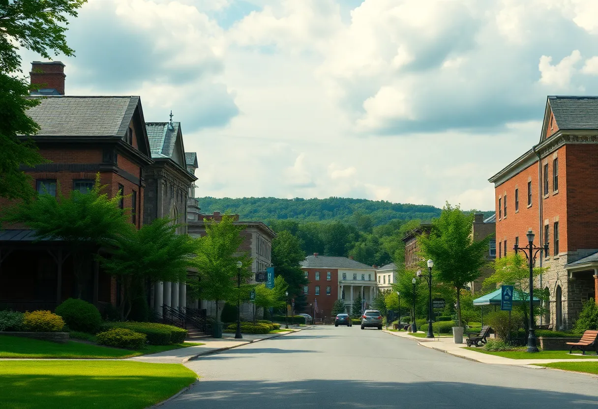 Cinematic landscape of Somerset, Kentucky with historical buildings.