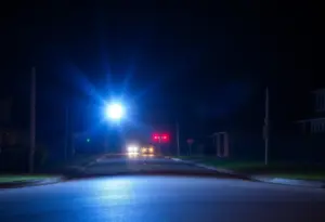 Suburban street scene with flashing police lights indicating a serious incident.