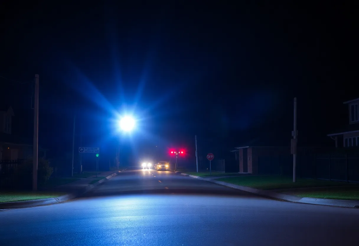 Suburban street scene with flashing police lights indicating a serious incident.