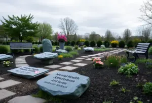 Memorial garden dedicated to mental health awareness with engraved stones.