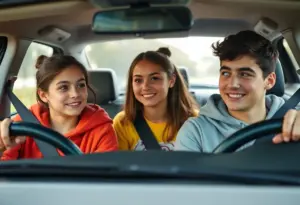 Teens in a car practicing safe driving with seat belts on