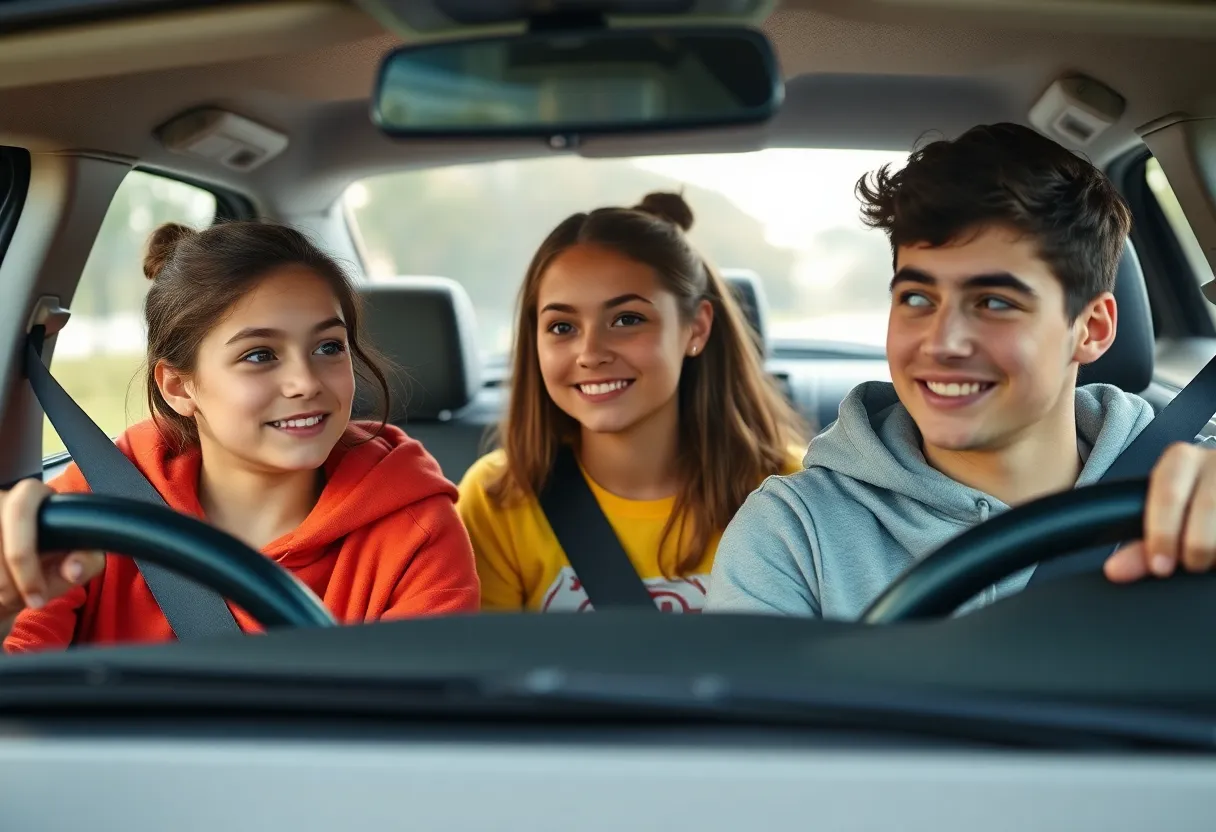 Teens in a car practicing safe driving with seat belts on