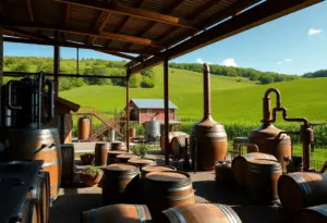 A scenic view of a Tennessee distillery with distilling equipment.