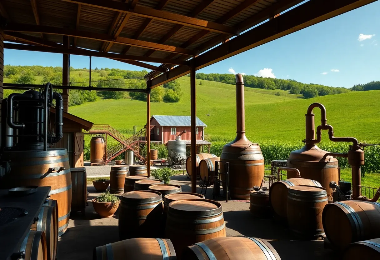 A scenic view of a Tennessee distillery with distilling equipment.