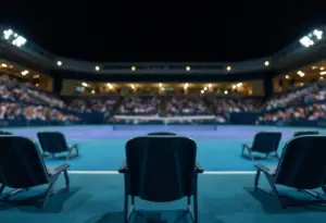 Empty seats in a tennis stadium at night