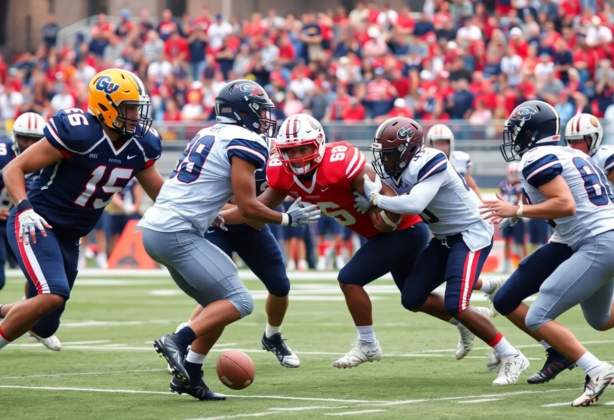 Football players from Texas Longhorns and Kentucky Wildcats in action during an overtime game