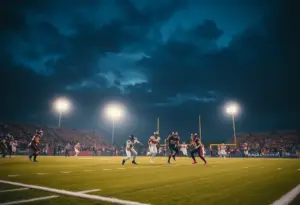 Football players on the field during a tense overtime match.