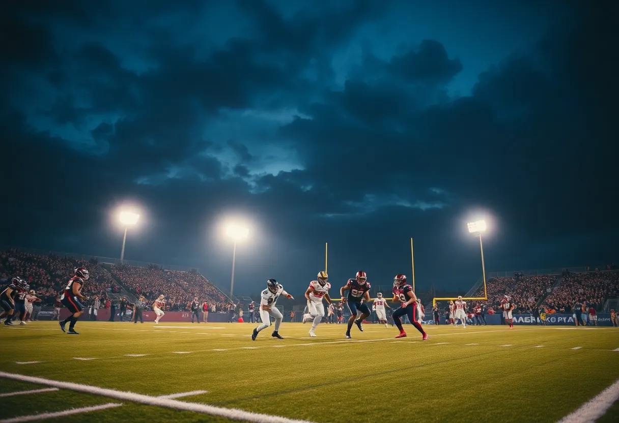 Football players on the field during a tense overtime match.