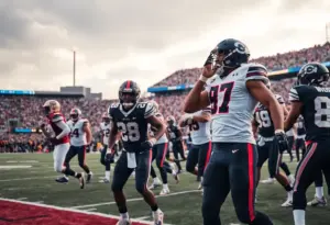 Texas Longhorns players celebrating after a game-winning field goal