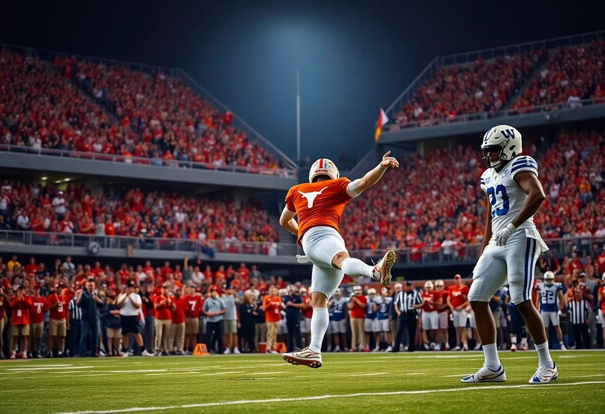 Texas Longhorns kicker Mason Shipley scoring the winning field goal against Kentucky Wildcats