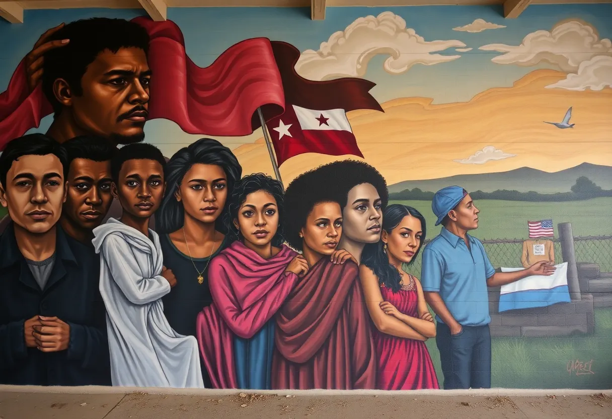 Mural depicting various tragedy victims with a focus on community reactions and artistic expression.