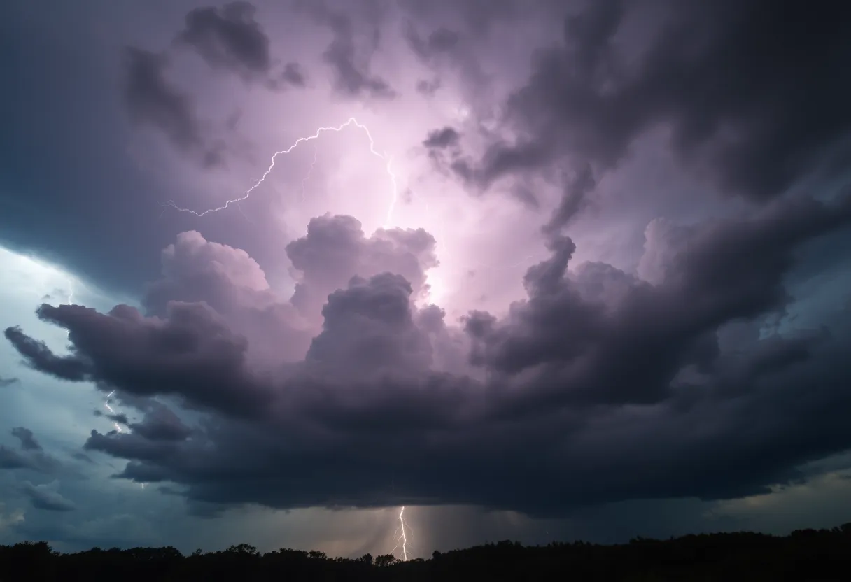 Stormy skies with dark clouds and lightning over Kentucky landscape