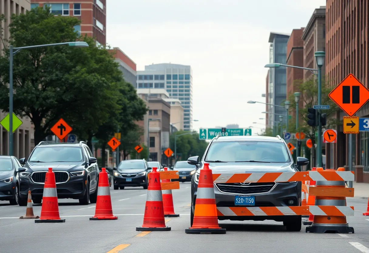 Traffic disruption causing delays in Lexington, with construction signs and vehicles.