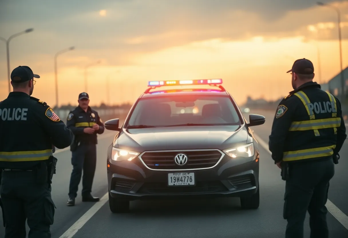 Police officers conducting a traffic stop on a highway