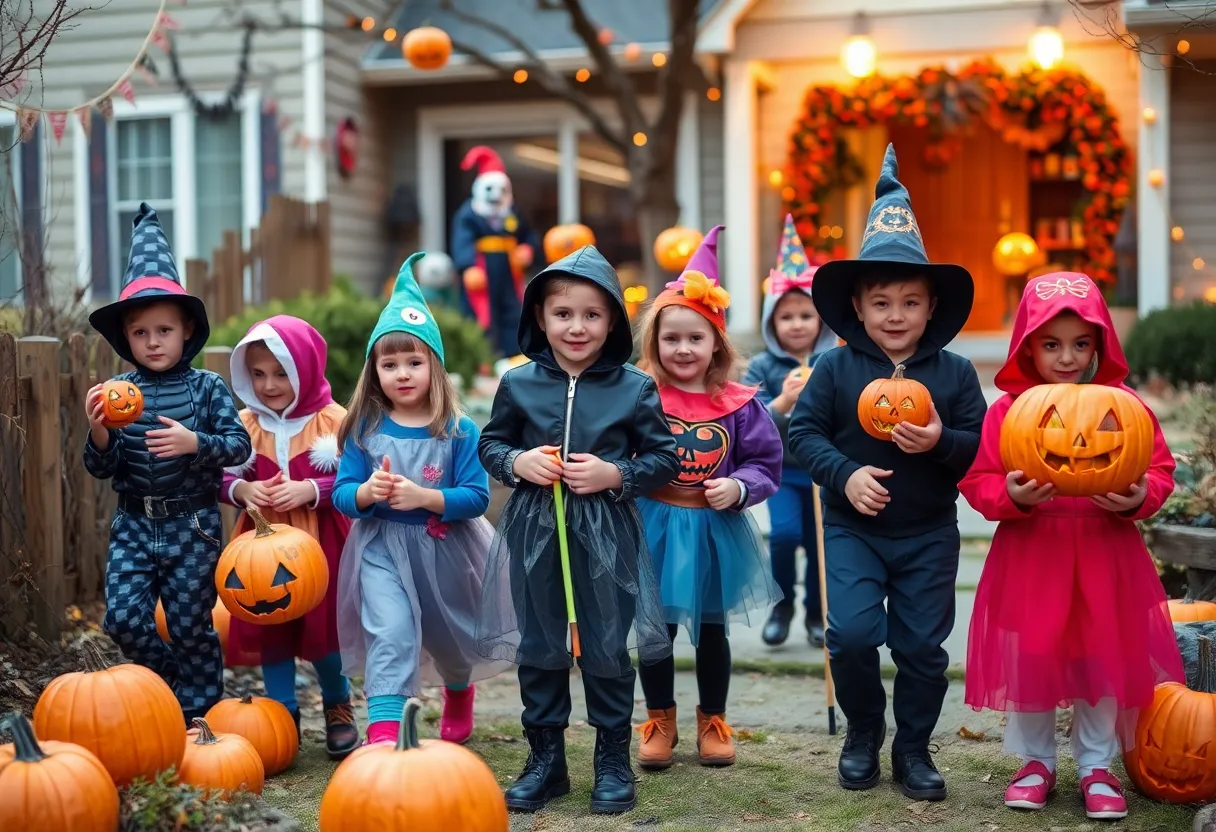 Children in costumes trick-or-treating in a decorated neighborhood during Halloween.
