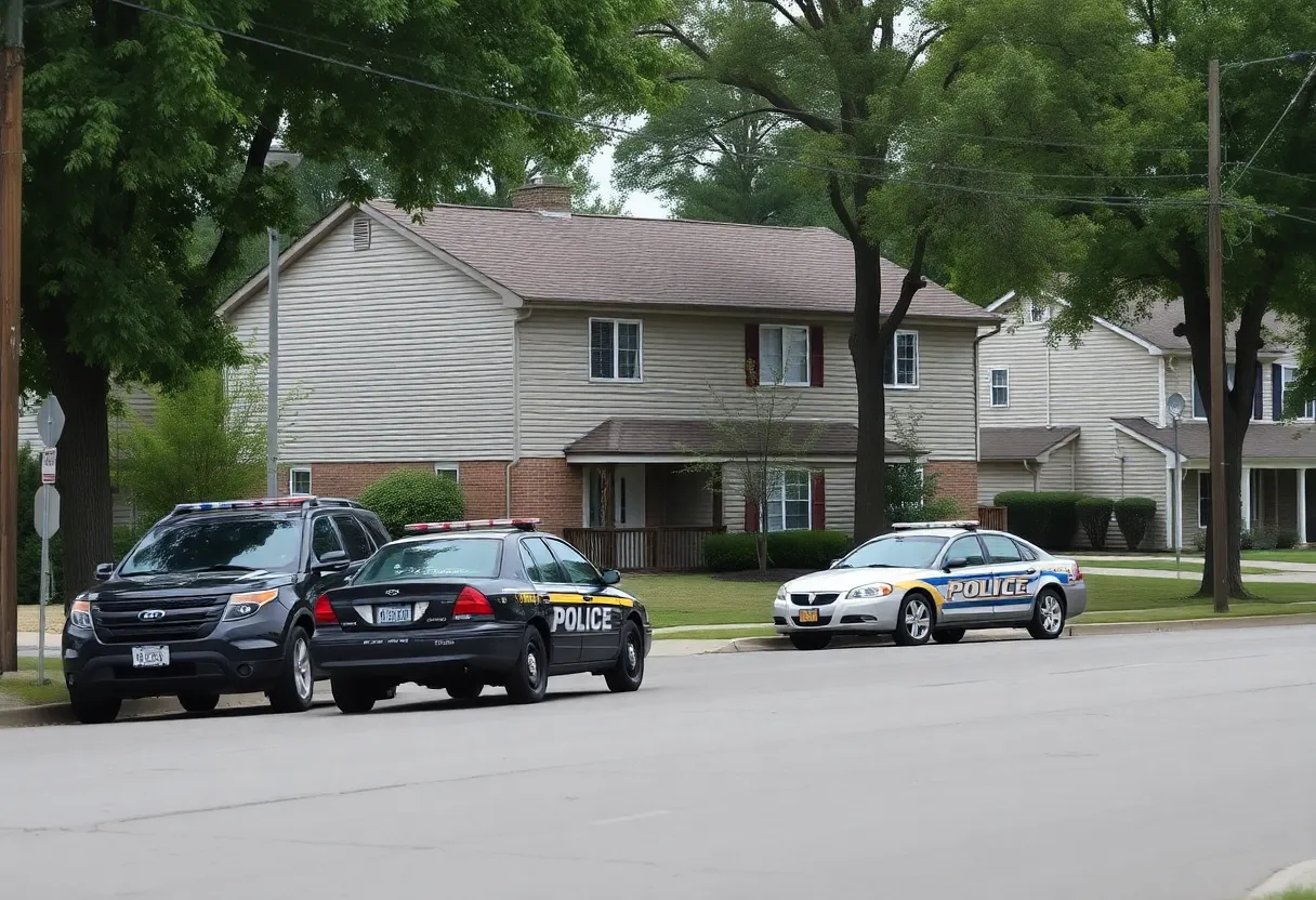 A duplex on Triple Crown Circle with bullet holes visible, indicating a recent shooting incident.