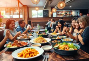 Dining scene at Tuk Tuk Snack Shop with fusion dishes