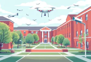 University of Kentucky campus with surveillance cameras and drones