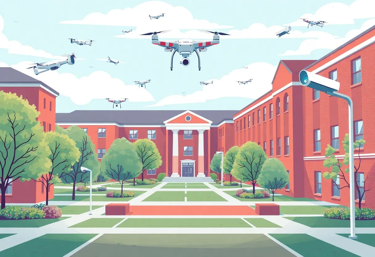 University of Kentucky campus with surveillance cameras and drones