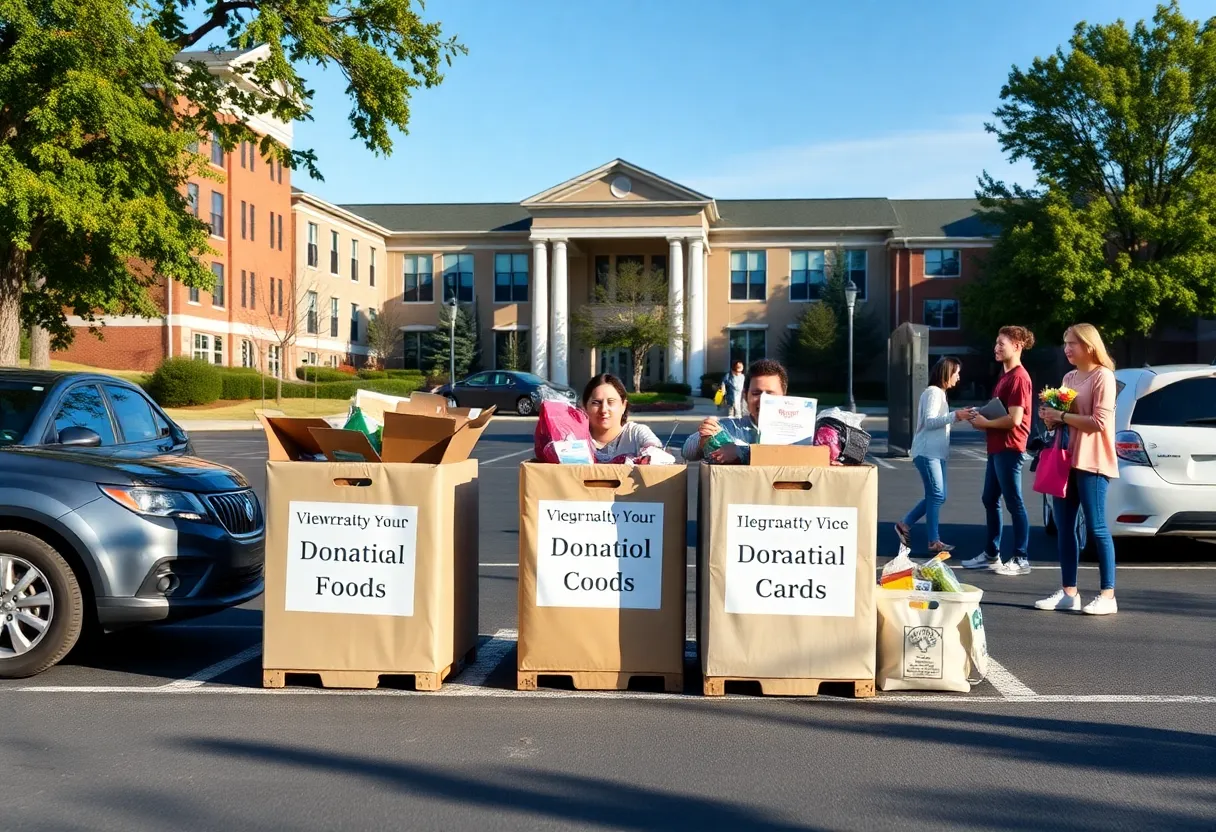 Donation boxes for food and personal care items at University of Kentucky.