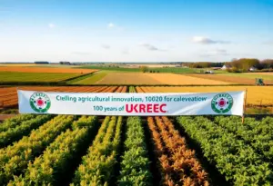 Banner celebrating 100 years of UKREC on a vibrant farm landscape.