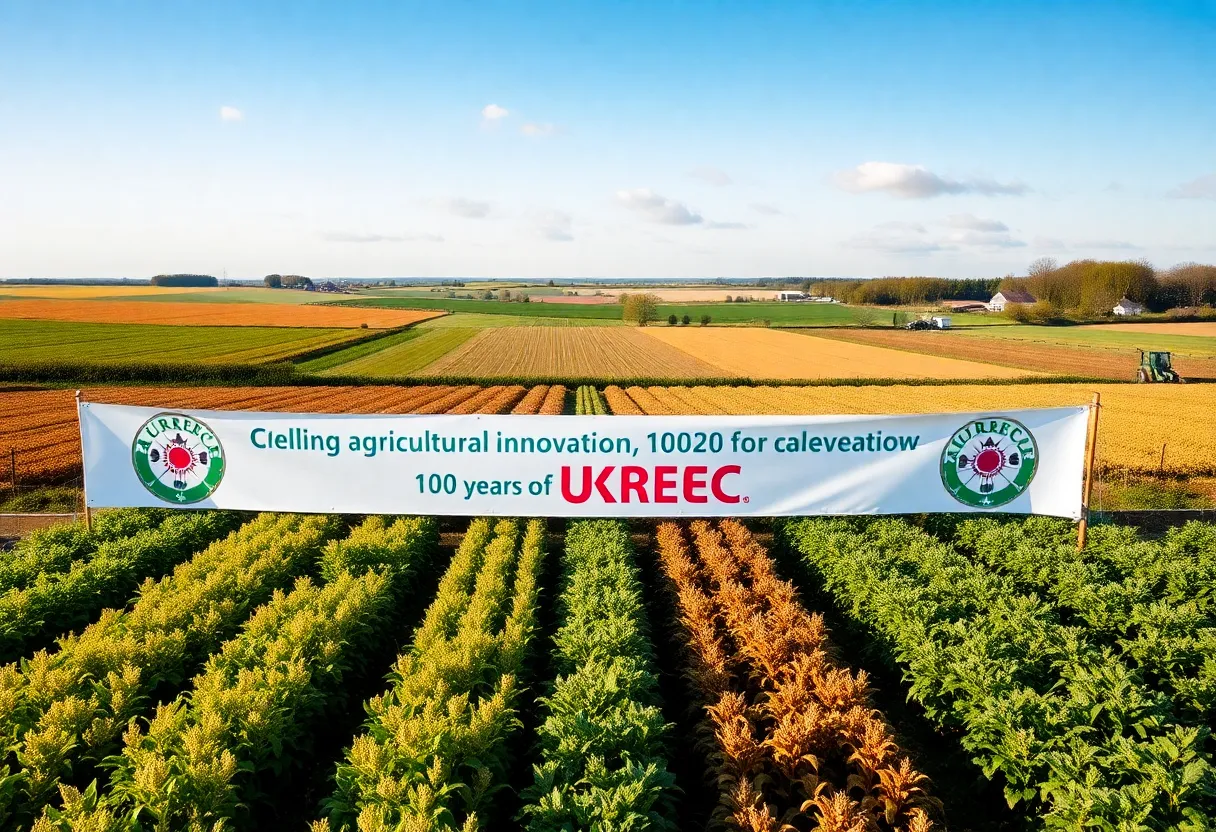 Banner celebrating 100 years of UKREC on a vibrant farm landscape.