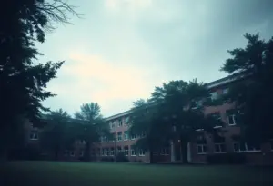 Somber university campus ambiance representing young adult issues