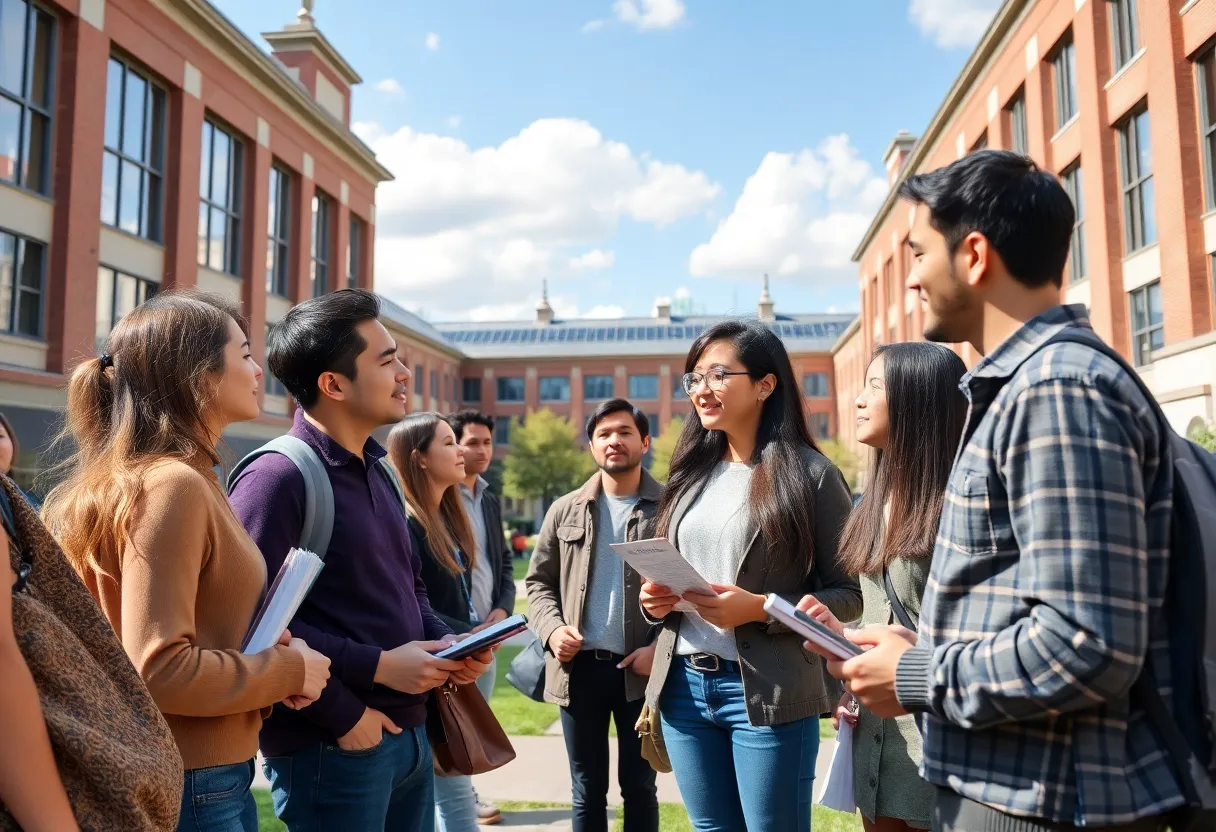 Students discussing academic issues on a university campus