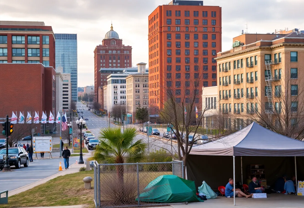 View of Lexington Kentucky depicting urban life and areas impacted by homelessness.