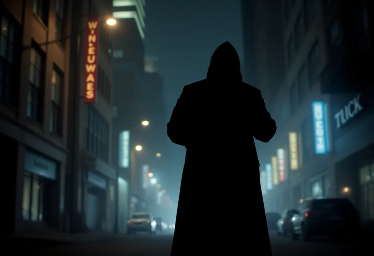 Illustration of a shadowy figure in an urban environment symbolizing crime.
