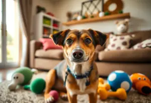 A friendly dog in a cozy living room space, seeking a foster home