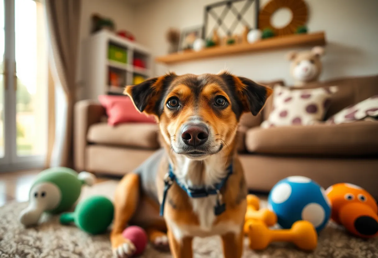 A friendly dog in a cozy living room space, seeking a foster home