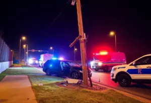 Utility pole damaged after a vehicle crash during a police chase