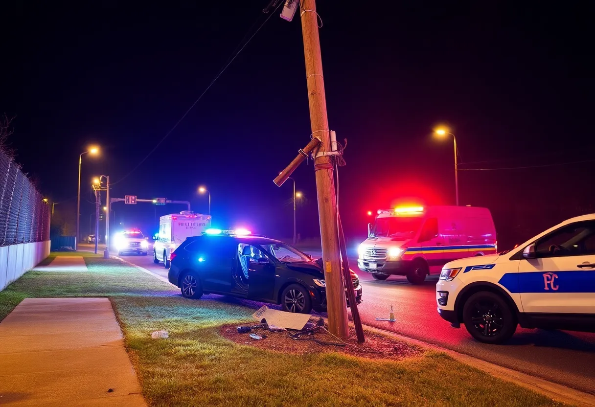 Utility pole damaged after a vehicle crash during a police chase