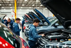 Students engaged in automotive training during the Valvoline Aspiring Mechanics Program launch