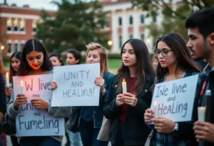 Students holding candles at a vigil for unity