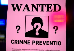 A wanted poster featuring silhouette and text emphasizing crime prevention