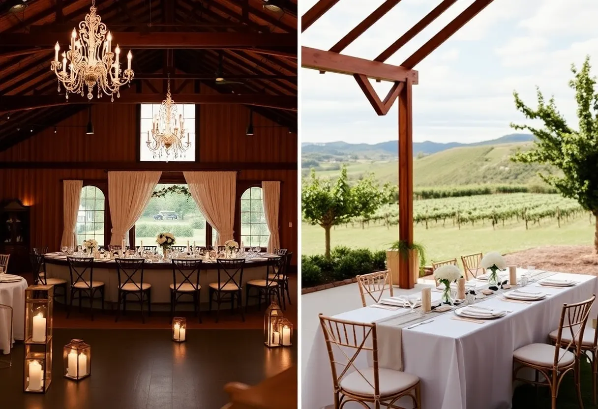 Stylish winery wedding setup in Lexington with indoor and outdoor arrangements.