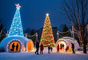 Families enjoying the Winter Village at Gatton Park with a digital Christmas tree and holiday décor.