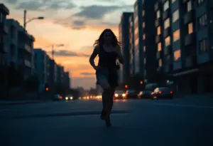 Silhouette of a woman running in an urban setting at dusk.