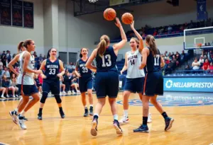 Female basketball players showcasing teamwork during a game.
