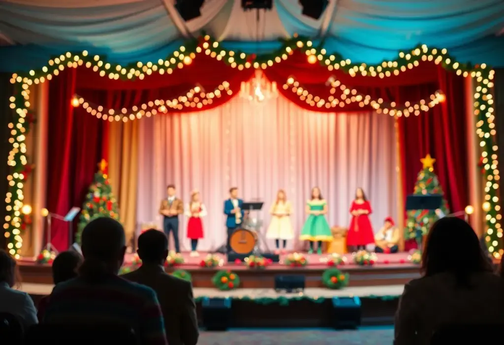 Stage setup for 'A Christmas Carol: The Musical' with Christmas decorations