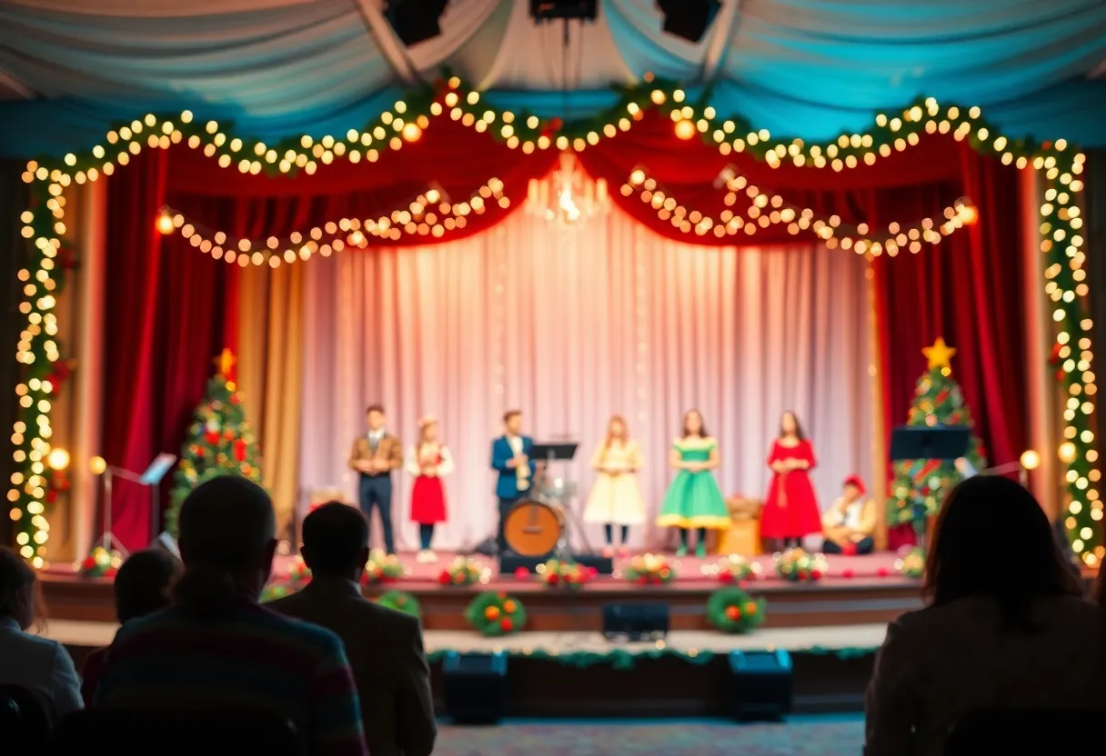 Stage setup for 'A Christmas Carol: The Musical' with Christmas decorations