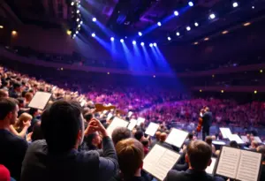 Concert scene of Andrea Bocelli performing with an orchestra in Lexington.