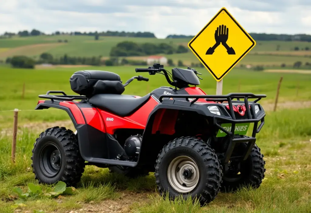 An ATV parked on a Kentucky farm with safety signs visible.